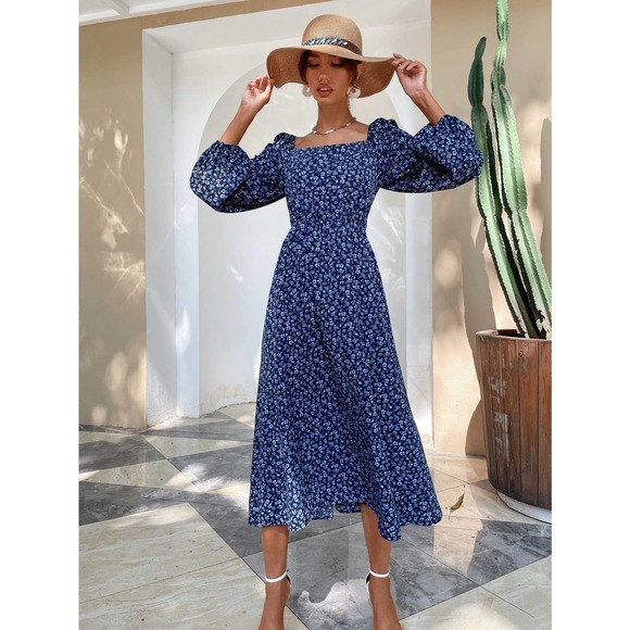 boho Floral print Lace Up backless long sleeve square neck midi Dress blue - Picture 4 of 5
